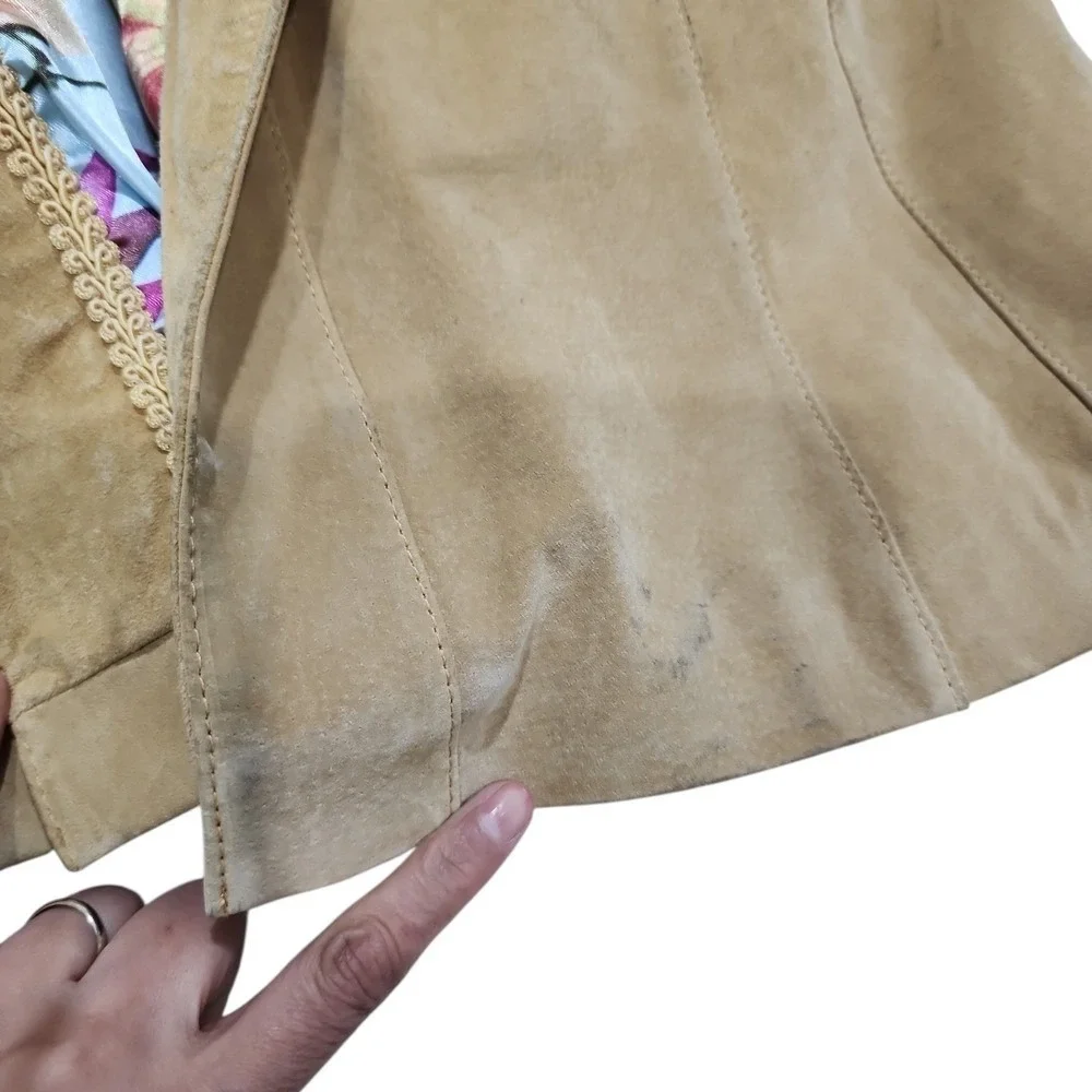 Bradley Bayou Trench Coat Womens Large Tan Suede Floral Lining Boho Chic Luxury